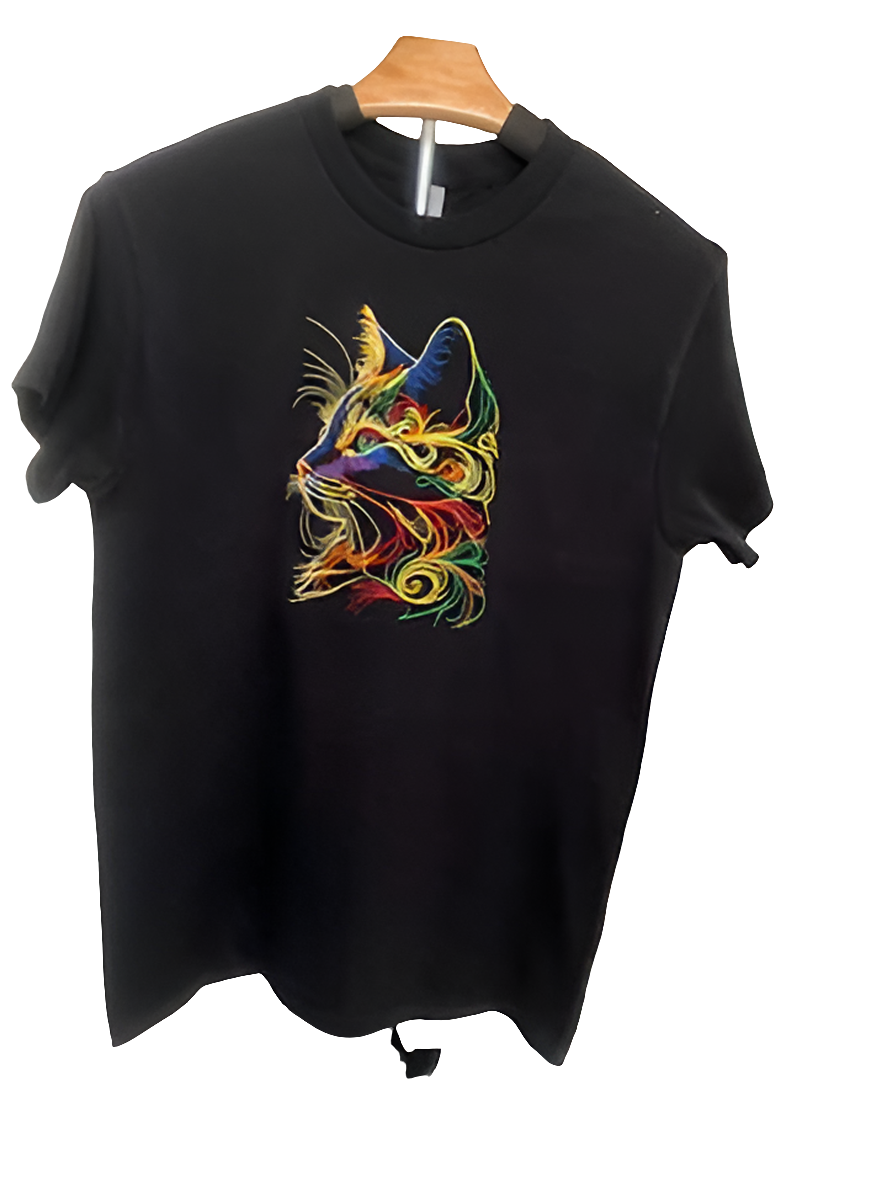 Colorful Feline embroidered on t shirt