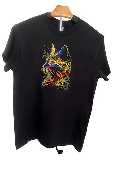 Colorful Feline embroidered on t shirt