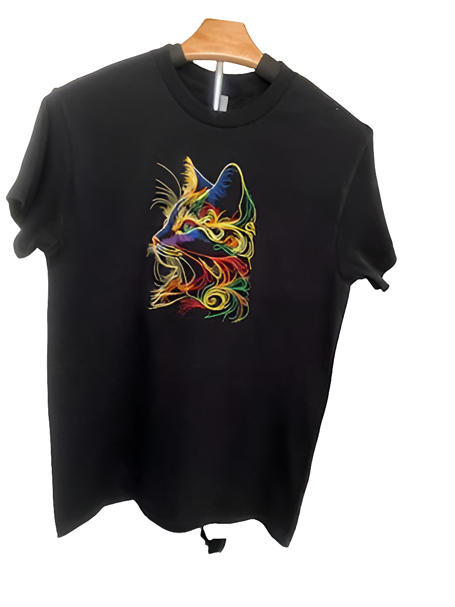 Colorful Feline embroidered on t shirt