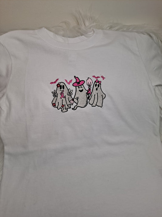 Breast Cancer Awareness ghost embroidery on t shirt