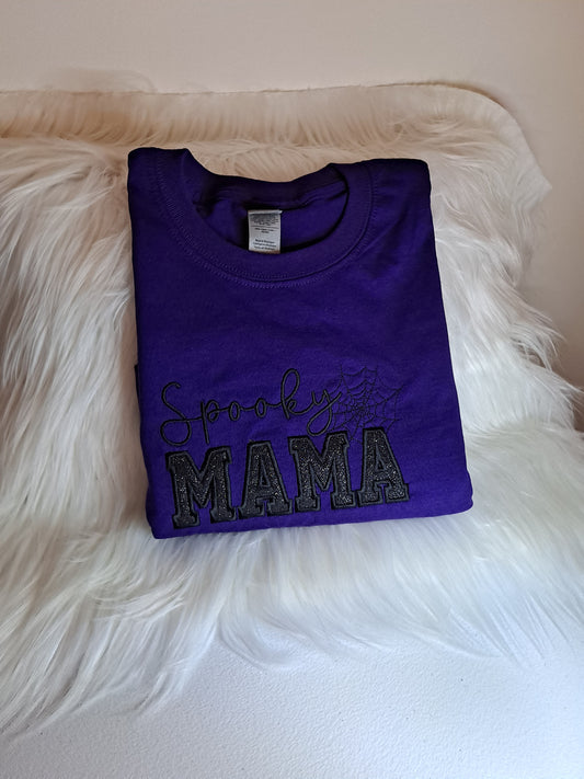 Spooky Mama embroidery glitter applique on long sleeve crew neck shirt